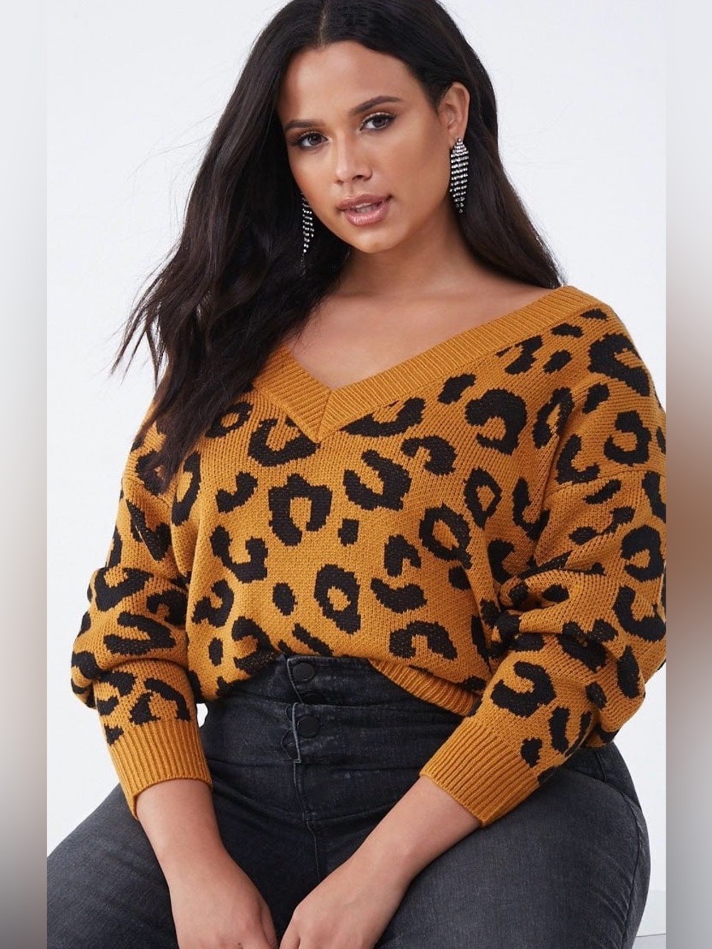 Mustard Leopard V-Neck Oversized Sweater